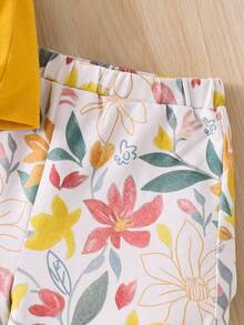 SHEIN مجموعة ملابس علوية كامي وشورت مزينة بالكشكشة والزهور الرقيقة للفتيات الصغيرات، صيفي - أصفر - مشاهدة 5