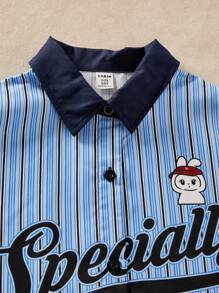 SHEIN Explorewe Casuvi Kid Boys' Striped Print Shirt,Contrast Collar,College Baseball Graphic,Navy Blue,Autumn,Casual,School,Back-To-School,Spring,Vacation Wear - Blue - View 3