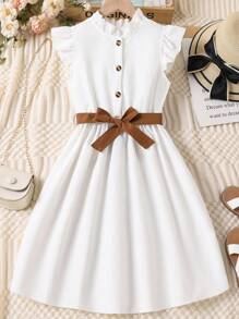 Tween Girl Frill Neck Ruffle Trim Belted Dress - White - View 2