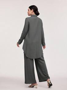Veilorie 女式纯色撞色蕾丝长袖衬衫和裤子两件套休闲套装 - 灰色 - 查看 2