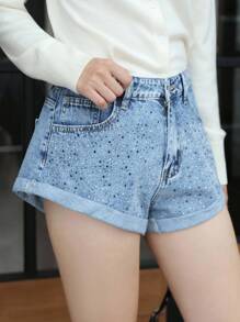 K-Vae Shorts Denim com Strass Verão Feminino, Shorts Denim Modernos de Cintura Alta Casual, Shorts Denim de Moda de Rua - Lavagem Média - Visão 1