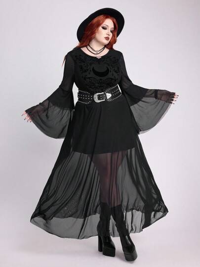 Robe gothique romantique vintage baroque à manches évasées avec motif de vigne et de lune floquée pour femmes grandes tailles