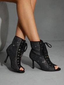 CUCCOO SZL Black Suede Rhinestone Embellished Fashion Street Style Round Toe Ankle Boots - Black - View 4