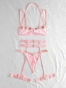 SHEIN Conjunto de lencería sexy y calada para salir - Rosa - Ver 2