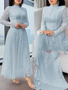 Feyla Women's Floral Lace Frill Trim Stand Collar Long Sleeve Elegant Dress - Blue - View 1