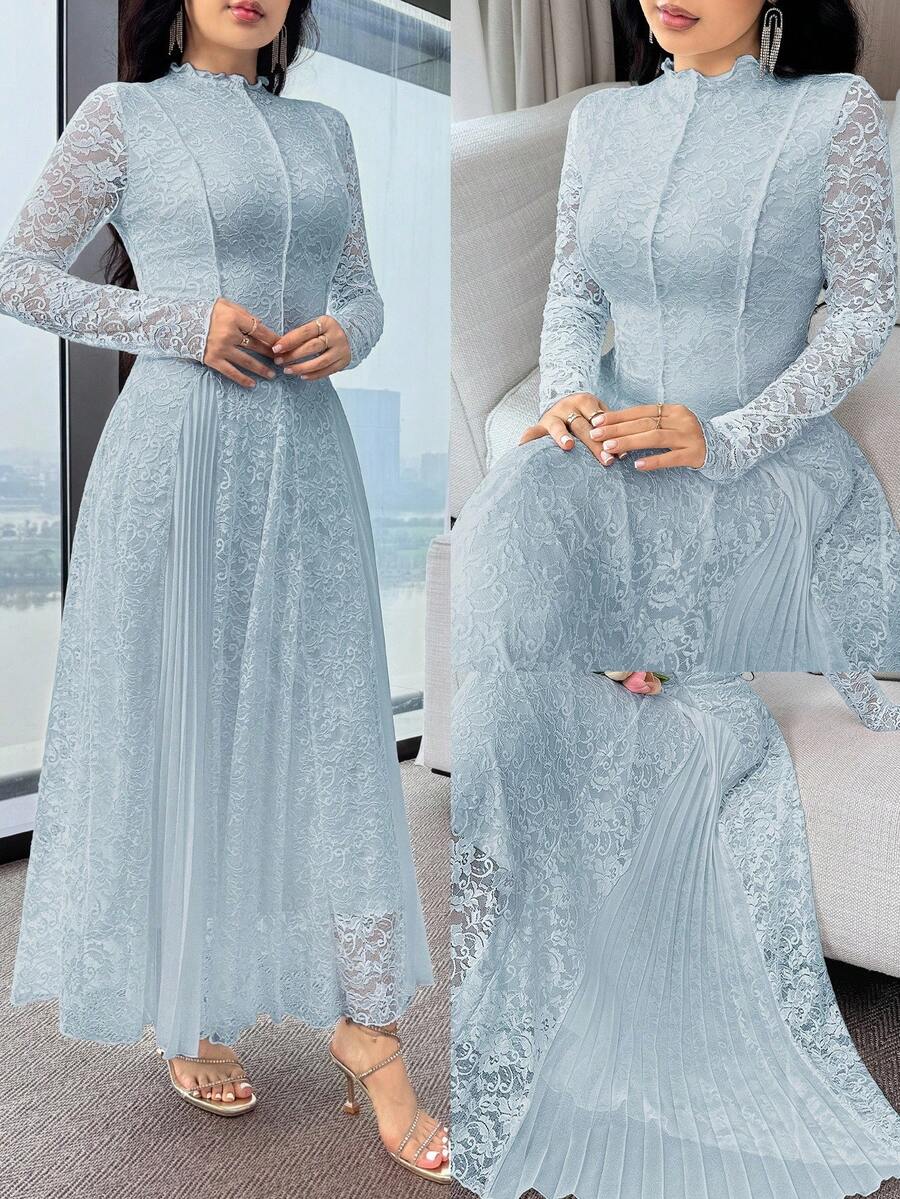 Feyla Women's Floral Lace Frill Trim Stand Collar Long Sleeve Elegant Dress - Blue - View 1