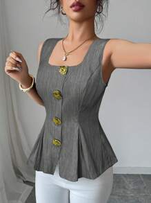 Elenzga Summer New Arrival French Elegant Fashion Big Metal Button Backless Tie Sleeveless Solid Color Blouse For Women - Dark Grey - View 3