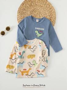 Cozy Pixies 2 pezzi Set di magliette a maniche lunghe in maglia morbida con collo a giro e stampa di dinosauri per bambini maschi, magliette leggere con grafica di dinosauri
