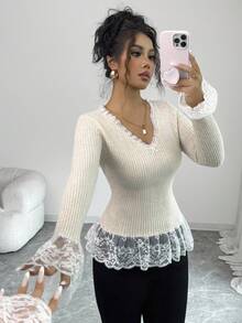 Elenzga Lace Trim Patchwork Knit Sweater, Women V-Neck Slim Fit Base Layer Pullover, Elegant & Sweet, Autumn/Winter Fall Cloth For Women - Khaki - View 1