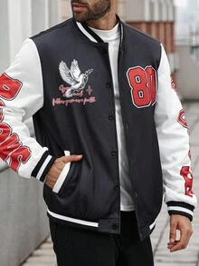Manfinity LEGND Plus Size Men's Slogan Print Contrast Color Long Sleeve Casual Baseball Jacket Men Graphic Jacket, Fall - Black and White - View 2