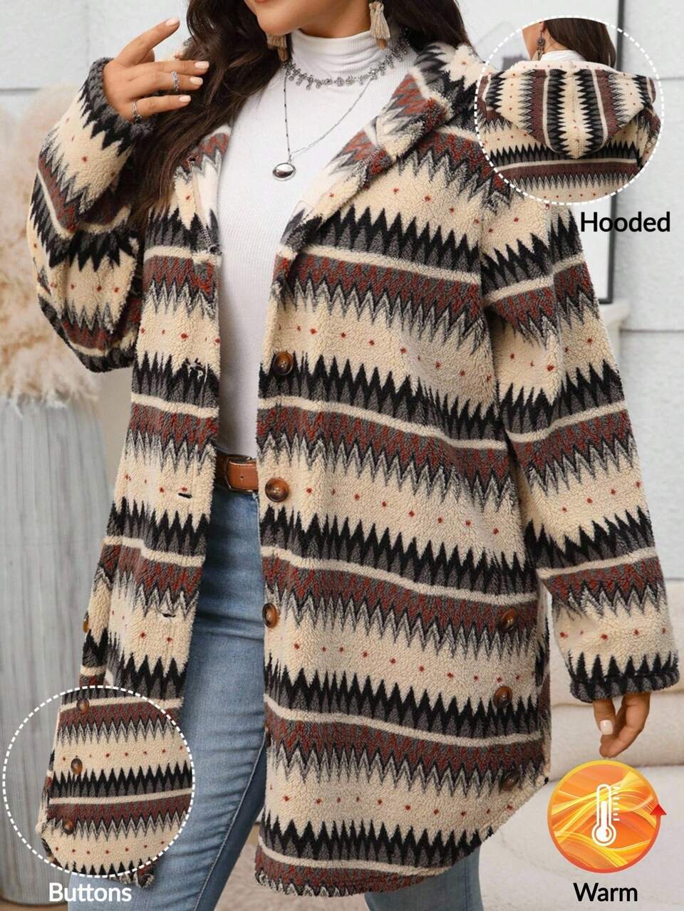Plus Size Autumn And Winter Thickened Double Warm Jacket Women's Fall Women Geometric Pattern Reversible Hooded Jacket With Pockets,Winter Clothes For Women,Winter Clothes,Chic Autumn&Winter