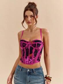 SHEIN BAE Top corset elegante con estampado floral de encaje para mujer, verano - Morado - Ver 8