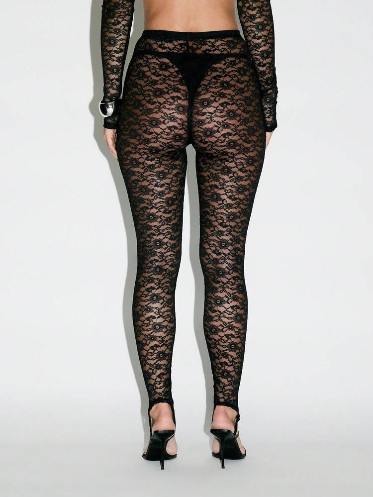 KIZN Floral Lace Sheer Leggings With Stirrup Detail