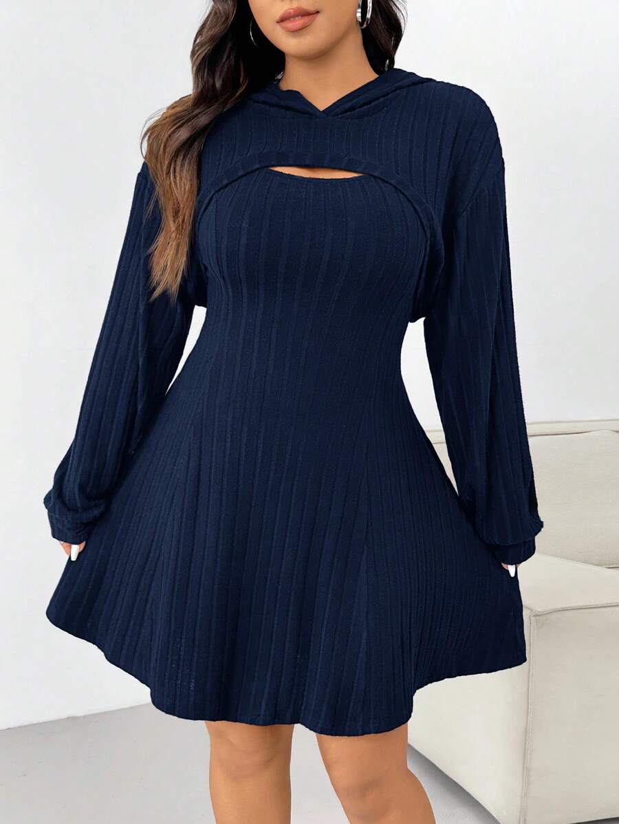 SHEIN EZwear 大码海军蓝厚实罗纹卫衣连衣裙套装,初秋 - 藏蓝色 - 查看 1