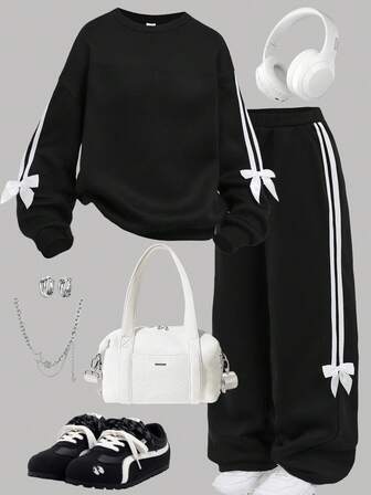 Girlism Ensemble 2 pièces pour préadolescentes, sweat-shirt à capuche et pantalon large. Style coréen décontracté, couleur unie, tricot ample, t-shirt col rond et pantalon jambes larges