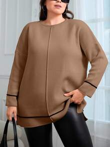 EURMUSE Suéter con mangas de murciélago y ribete de contraste en talla grande - Camel - Ver 3