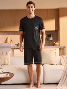 Manfinity Underwear&Sleepwear Basics 男士圆领短袖短裤睡衣套装 - 黑色 - 查看 3