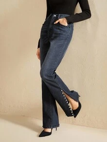 Anewsta Quần jean denim đen đính đinh tán phong cách đường phố, phù hợp cho mùa thu, thanh lịch, sang trọng, Giáng sinh, năm mới - màu đen - Xem 3