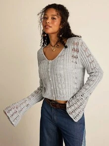 SHEIN VCAY Suéter holgado de manga larga con botones de moda casual y talla grande para mujeres - Gris - Ver 6