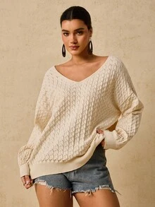 SHEIN VCAY Áo len dài tay rộng cổ chữ V màu mơ cỡ lớn dành cho nữ, áo chui đầu dệt kim có lỗ khoét rỗng, họa tiết, áo len nữ, áo len chui đầu cho nữ, áo len trễ vai, áo len cổ chữ V, áo len thu đông dành cho nữ, áo len nữ cỡ lớn, áo len trễ vai, áo len trắng - Màu be - Xem 1