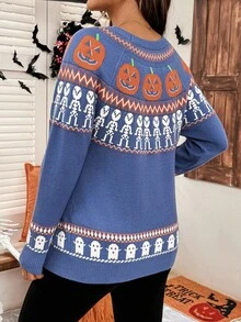 SHEIN Umstandspullover mit Kürbismuster für den Herbst, Rundhalsausschnitt, Raglanärmel, Lässig - Verschiedenfarbig - Übersicht 2