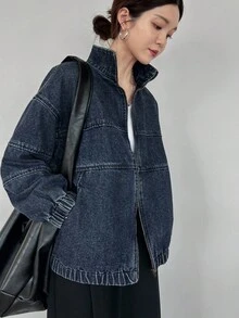 FRIFUL 女式落肩长袖前拉链宽松休闲牛仔夹克超大牛仔夹克女式牛仔夹克拉链牛仔夹克牛仔飞行员夹克女式牛仔裤 - 藍色 - 查看 7