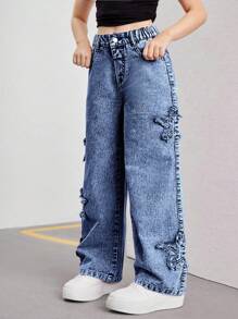 SHEIN Streecool Kids Tween Girls Y2K Style Pink Embroidered Star Denim Wide Leg Pants, Fashionable Streetwear Casual Versatile Chic Girls Must-Have Item, Suitable For All Seasons Fall Winter - Dark Wash - View 4