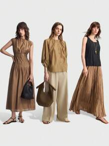 Ontre 2026新款女士优雅纯色收腰长袖褶皱连衣裙，适合休闲都市风、简约时尚通勤、优雅简约风、教师节着装、独立日、海滩度假、毕业典礼、办公室等场合。