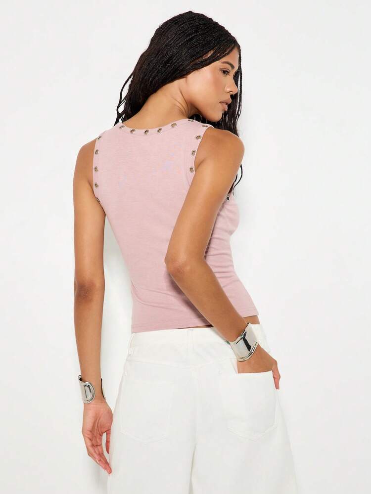 KIZN 아이릿 디테일이 있는 슬리브리스 리브 탱크