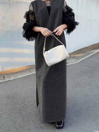 FRIFUL Women's Solid Dark Gray V-Neck Sleeveless Woolen Fabric Loose Straight Casual Versatile Side Slit Dress, Suitable For Autumn