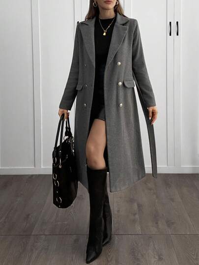 EURMUSE Women Belted Button Detailed Long Over Coat
