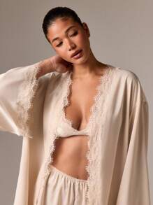 AiiRZ 奢华缎面睡衣套装三件套蕾丝花边文胸短裤睡袍睡衣家居服新娘蜜月内衣睡衣情人节礼物，秋季服装 - 卡其色 - 查看 6