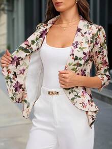 Editum Women Elegant Floral Print Ruffle Hem Cinched Waist Open Front Blazer Jacket - Multicolor - View 7