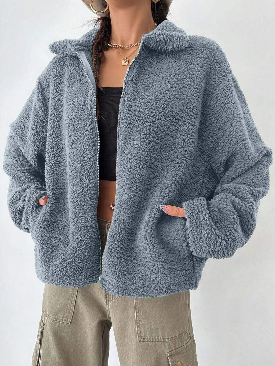 RueChic Women'S Drop Shoulder Teddy Fleece Regular Fit Jacket - Light Grey - View 1