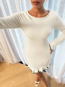 Lavishia 女式优雅拼色荷叶边下摆修身针织连衣裙，秋冬 - 白色 - 查看 5