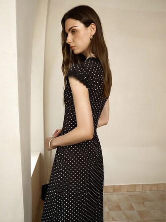 Cévolie 女式休闲时尚修身V领蕾丝花边波点连衣裙