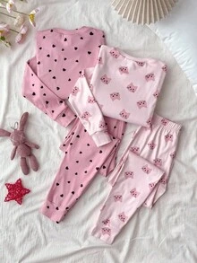 SHEIN LMoss Kids 2 件套 Tween Girls 可爱印花针织睡衣套装，1 套免费，舒适休闲家居服，适合日常穿着 - 彩色 - 查看 2