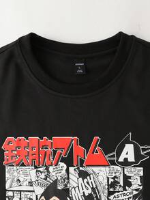 ROMWE MEN Astro Boy X ROMWE 2pcs Men's Cartoon Figure Graphic Short Sleeve T-Shirt And Drawstring Waist Shorts Set - Black - View 3
