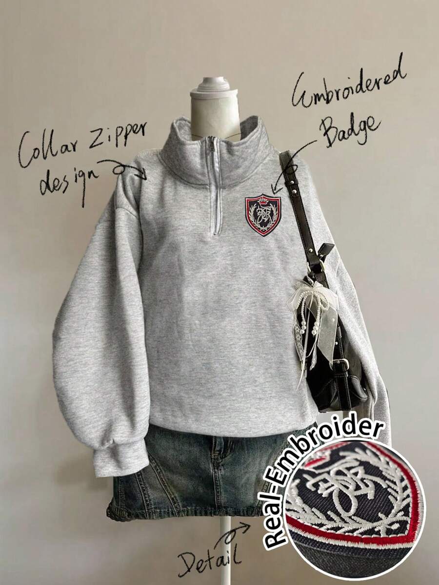 SHEIN Attitoon Sudadera con capucha de forro polar de cuello alto con media cremallera, ajuste holgado, con bordado de escudo minimalista casual, adecuada para otoño/invierno, vuelta al colegio, estilo universitario, uniforme escolar - Gris - Ver 1