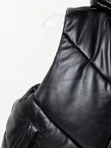 Veste matelassée minimaliste à capuche en PU épais avec poches latérales pour filles, convient pour les sorties, la maison et l'école, automne/hiver