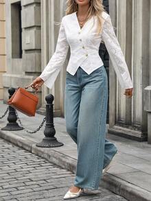 SHEIN Clasi Solid Color Versatile V-Neck Cuff Cardigan Long Sleeve Shirt Fall Cloth For Women - White - View 1