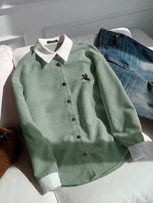 Comfortcana 轻盈长袖橄榄刺绣马匹图案夹克，完美打造休闲风格马匹刺绣衬衫，秋冬灯芯绒衬衫