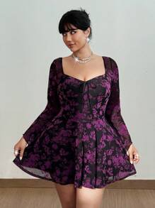 Viva Relle 大码女式花卉印花植绒 V 领喇叭袖荷叶边下摆迷你连衣裙，适合秋季、冬季、机场旅行、派对、正式、性感、露背、复活节、浪漫 - 彩色 - 查看 5