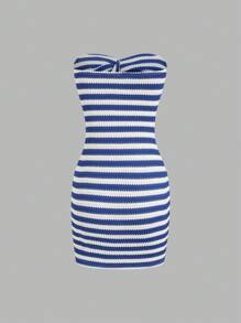Sweetra 女式撞色条纹露背针织抹胸紧身迷你连衣裙，修身腰部，夏季 - 彩色 - 查看 2