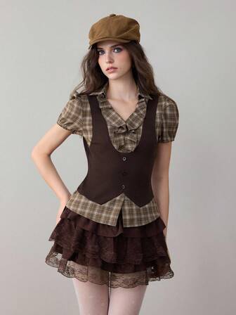 ROMWE Avant Nature-Inspired Plaid Patchwork Shirt For Women