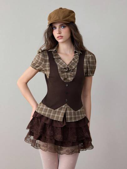 ROMWE Avant Chemise à carreaux patchwork inspirée de la nature pour femmes