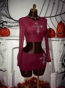 Amplova Bộ 2 mảnh đính đá chéo hình chữ thập hóa trang tiệc Halloween dành cho nữ - Màu Đỏ Sâu - Xem 6
