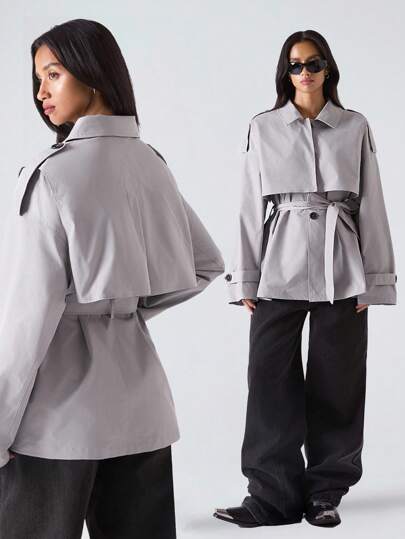 LYSMO 女式纯色时尚短款休闲风衣