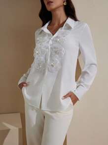 Graceveil Women Loose Fit 3D Flower Embellished White Long Sleeve Shirt White Blouses Elegant - White - View 3