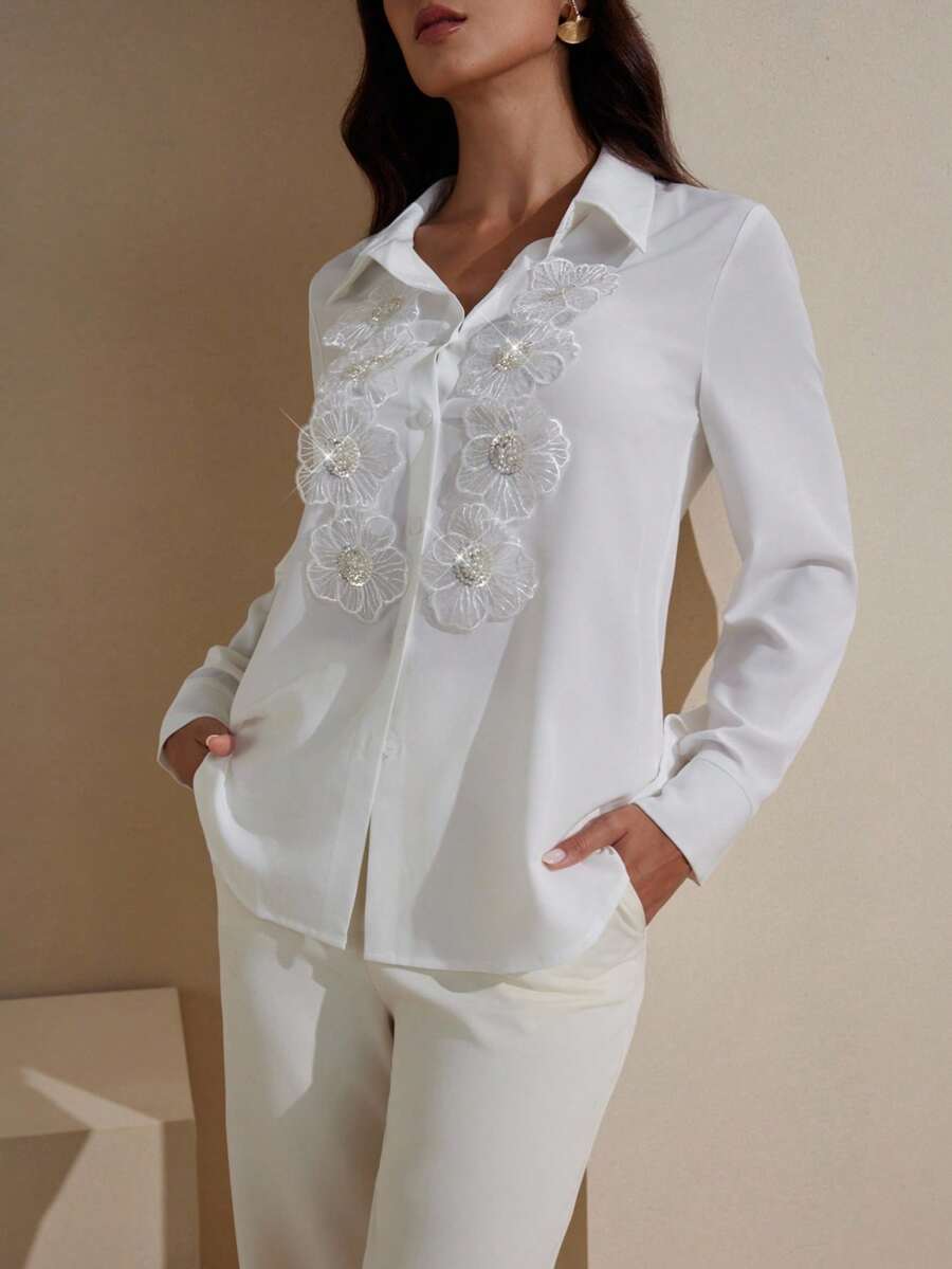 Graceveil Blusa de manga larga blanca de ajuste holgado con decoración de flor 3D para mujer - Blanco - Ver 1